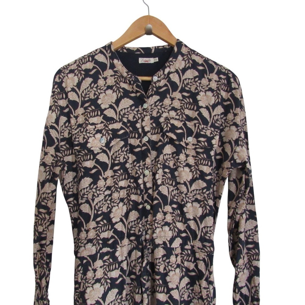 Faherty Savoie Floral Jumpsuit Linen Blend Navy Long Sleeve XS Drawcord Comfort - Picture 5 of 12